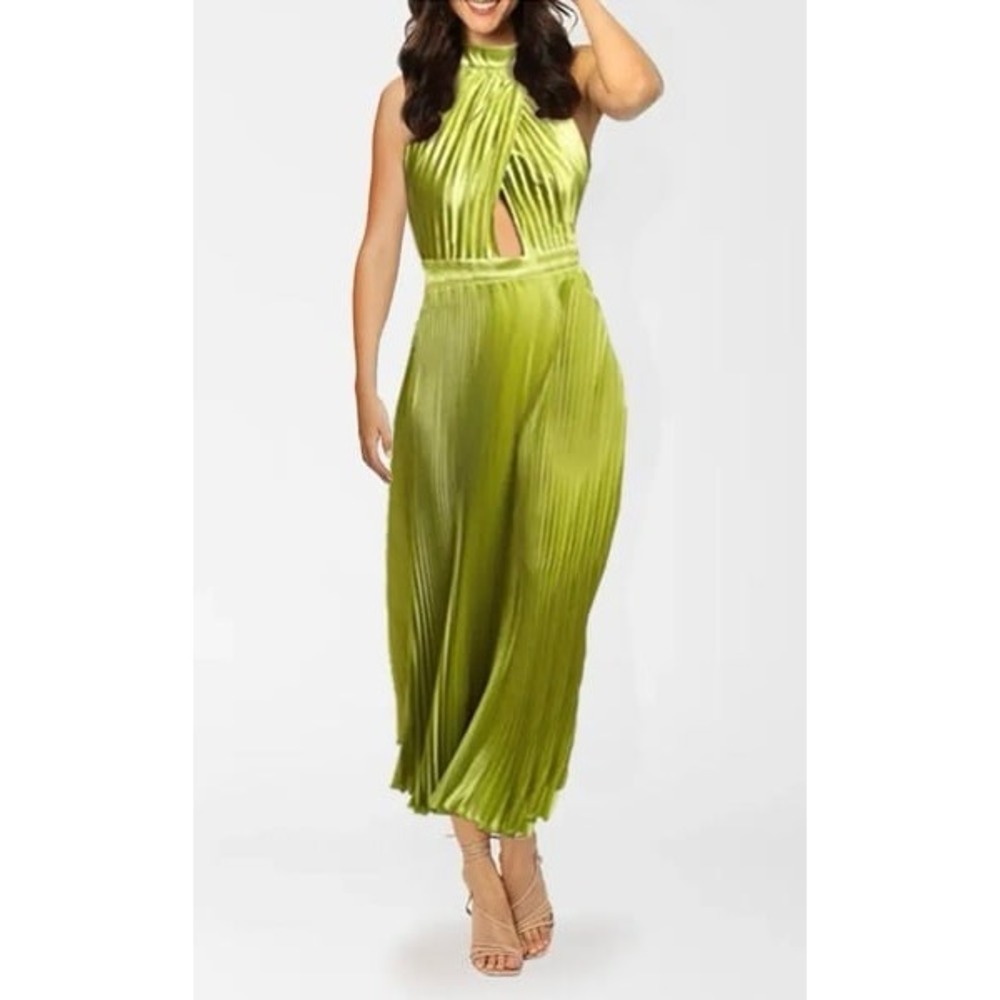 L'IDEE Renaissance Split Gown Mojito Green Pleated Halter Maxi Satin Sz‎ 8 NWT